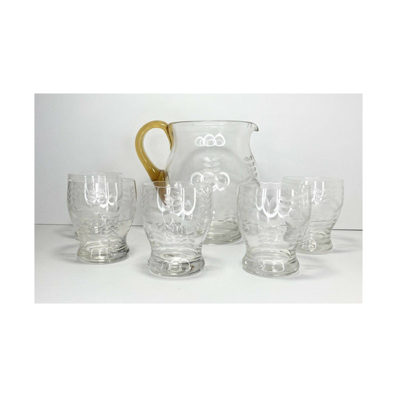 Vintage Etched Amber Glass Handled Pitcher 6 7/8” w/ 5 Matching Glasses 3 3/4” - Picture 1 of 7